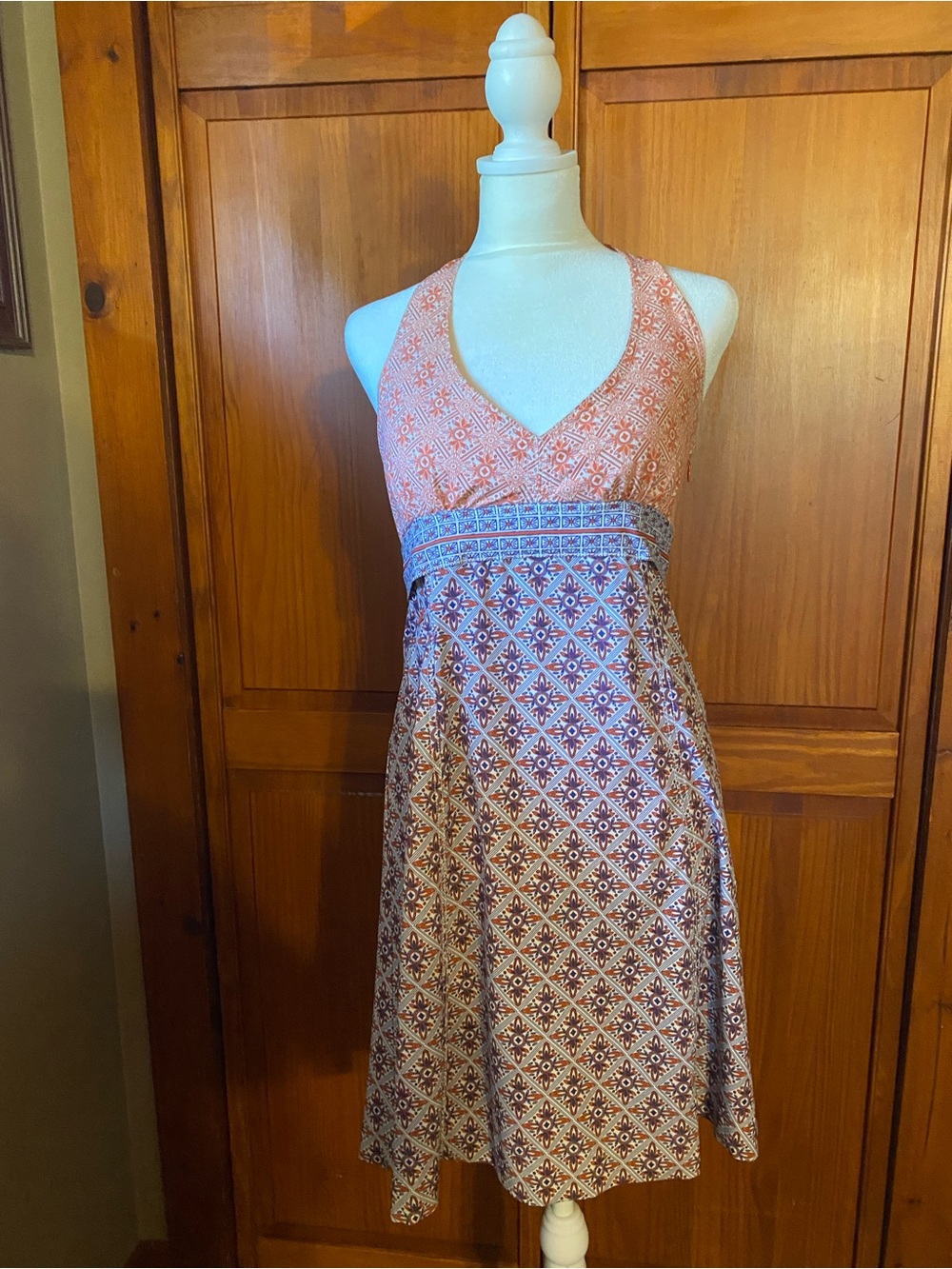 Athleta Coral, White, Red and Blue Patterned Backless Halter Dress